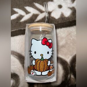 Hello Kitty fall pumpkin tumbler clear glass cup with straw